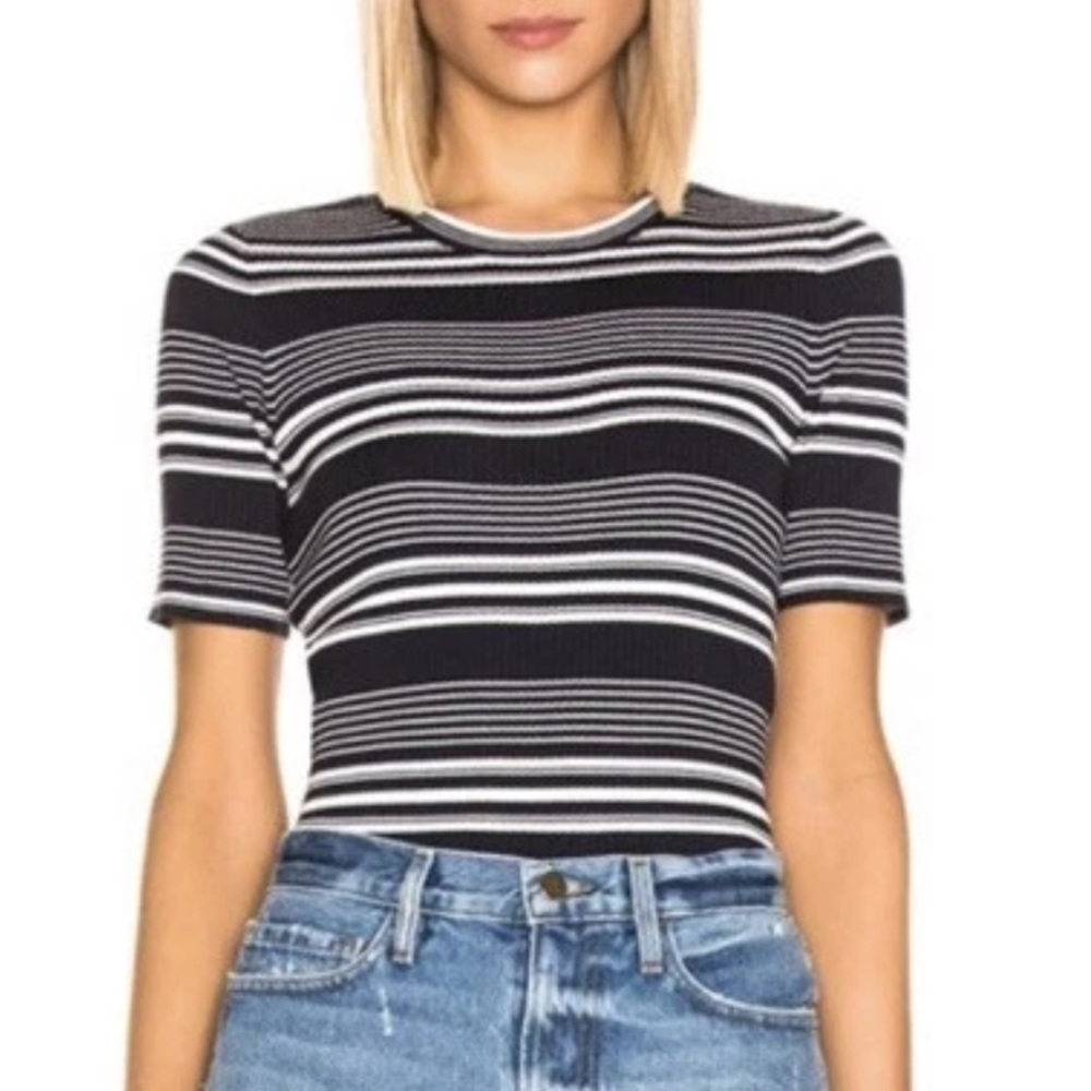 Frame Panel Stripe Ribbed Knit Crew Shirt Tee Womens Small Navy White Striped